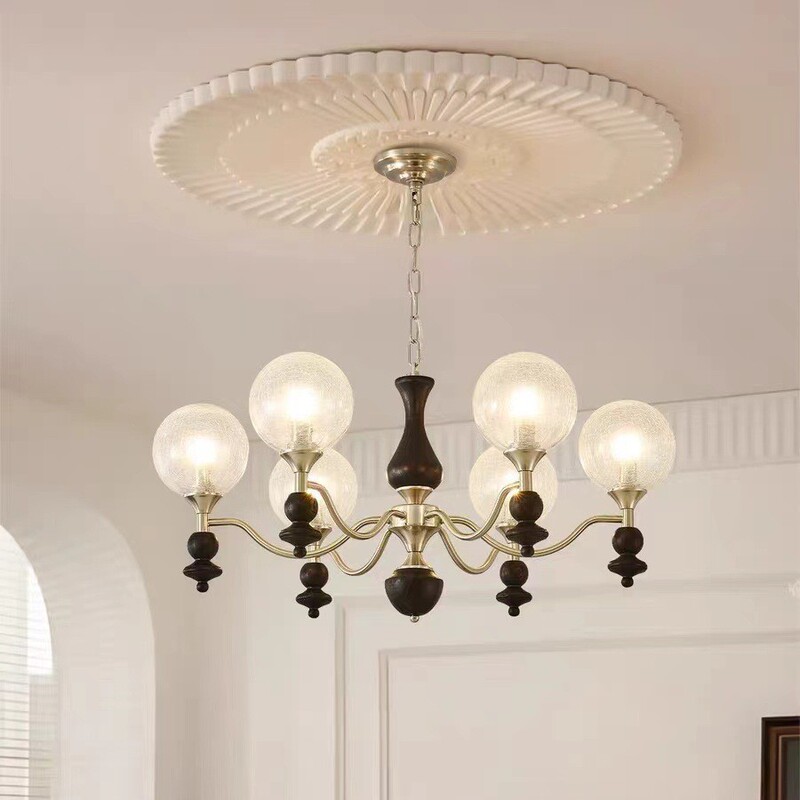 American-Style Retro Lamp with a Vintage Feel, Made of Solid Wood, Simple and Elegant, with an Ice-Crackle Lampshade, Suitable for Living Room, Light Luxury Dining Room, and Bedroom Pendant Light