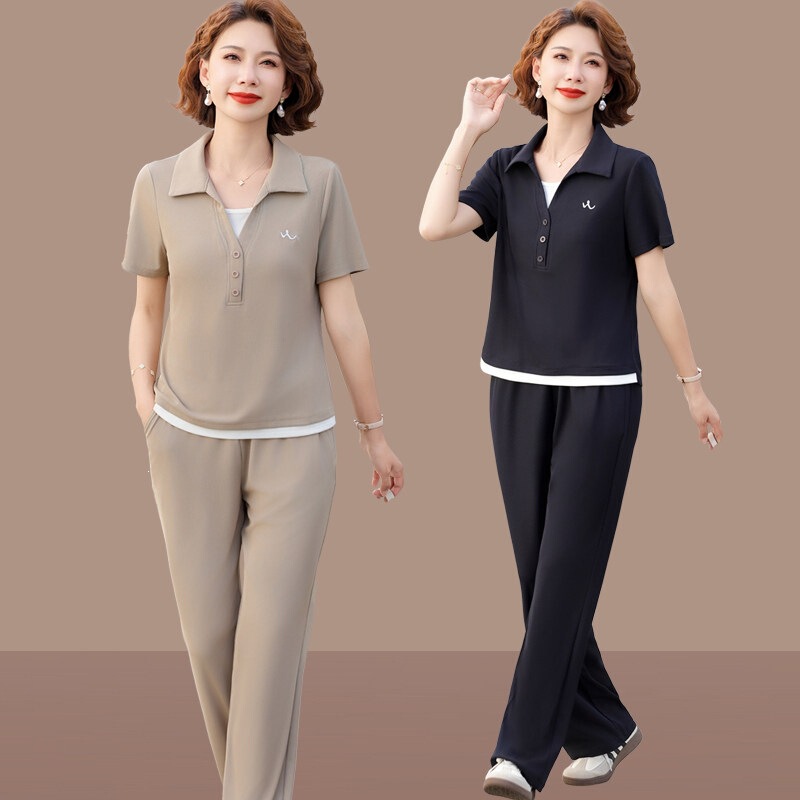 Middle-Aged Mom's Summer Sportswear Set, Fashionable New Summer Style for Middle-Aged and Elderly Women, Stylish Short-Sleeved T-Shirt Two-Piece Set Middle-Aged Mom's Summer Sportswear Set, Fashionable New Summer Style for Middle-Aged and Elderly Women, Stylish Short-Sleeved T-Shirt Two-Piece Set