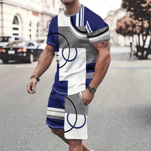 跨境外贸 男士套装夏季健身运动潮流宽松时尚休闲圆领T袖两件套潮