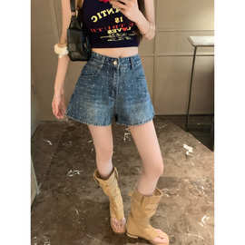 糖糖~高腰波点牛仔短裤女夏季侧开叉百搭显瘦A字阔腿热裤潮