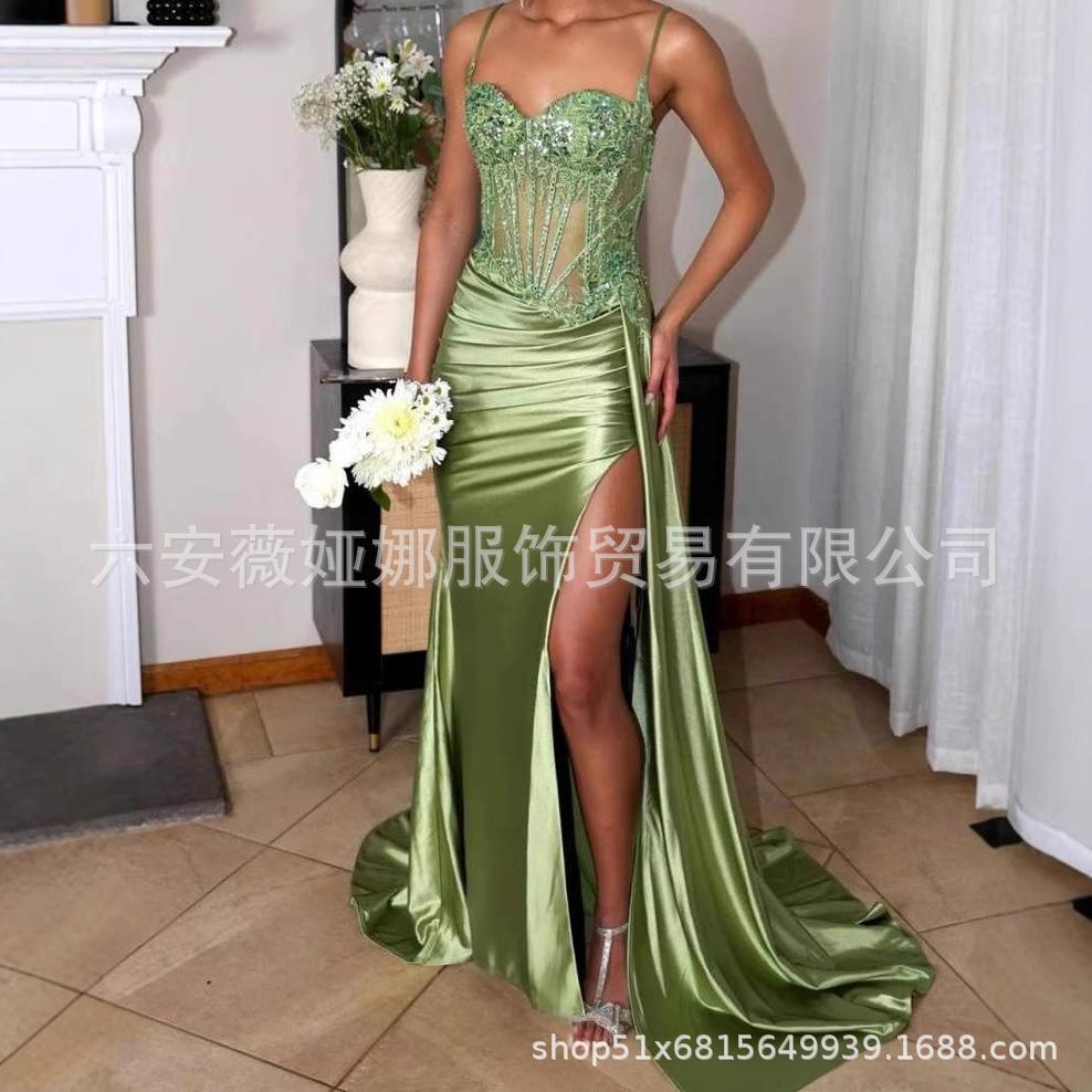 速卖通新款绿色吊带舞会晚礼服2025新款长款开衩小拖尾成人礼服女