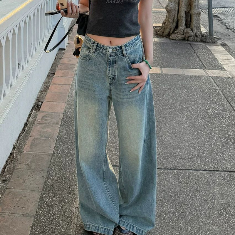 Great Fit for the C-Zone! Washed Summer Blue Three-Dimensional Cut Straight-Leg Pants for Women, Loose and Slimming Wide-Leg Jeans
