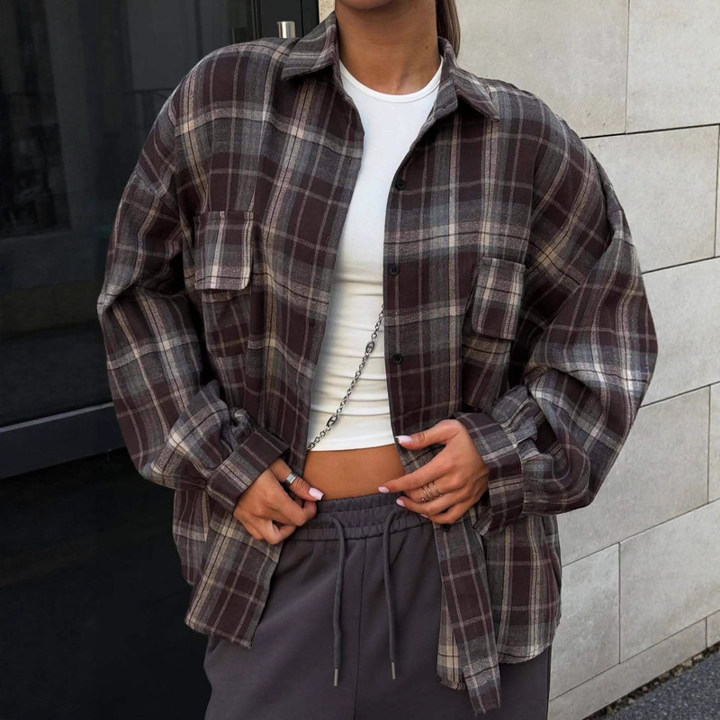 Plaid Shirt Women's Spring and Autumn Casual Loose Long-Sleeved Tops Youth American Trendy Retro Loose Jackets Plaid Shirt Women's Spring and Autumn Casual Loose Long-Sleeved Tops Youth American Trendy Retro Loose Jackets