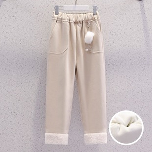 Girls' Fleece-Lined Pants for Winter, Stylish Woolen Pants for Children, Thickened Warm Cotton Pants, Casual Long Pants for Older Girls