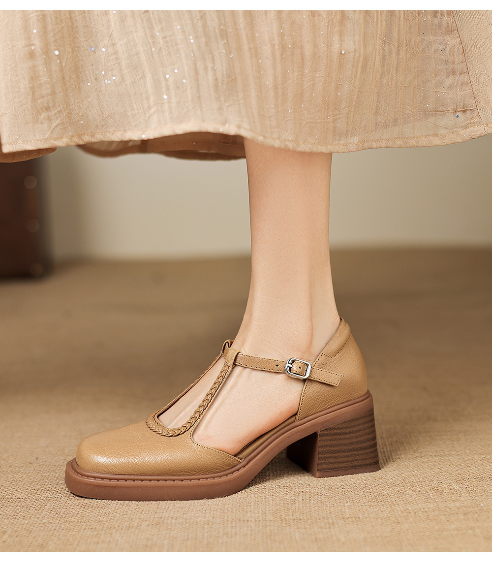 Sandal cao gót nữ mũi vuông quai chữ T đế dày — màu trắng ngà chi tiết 20