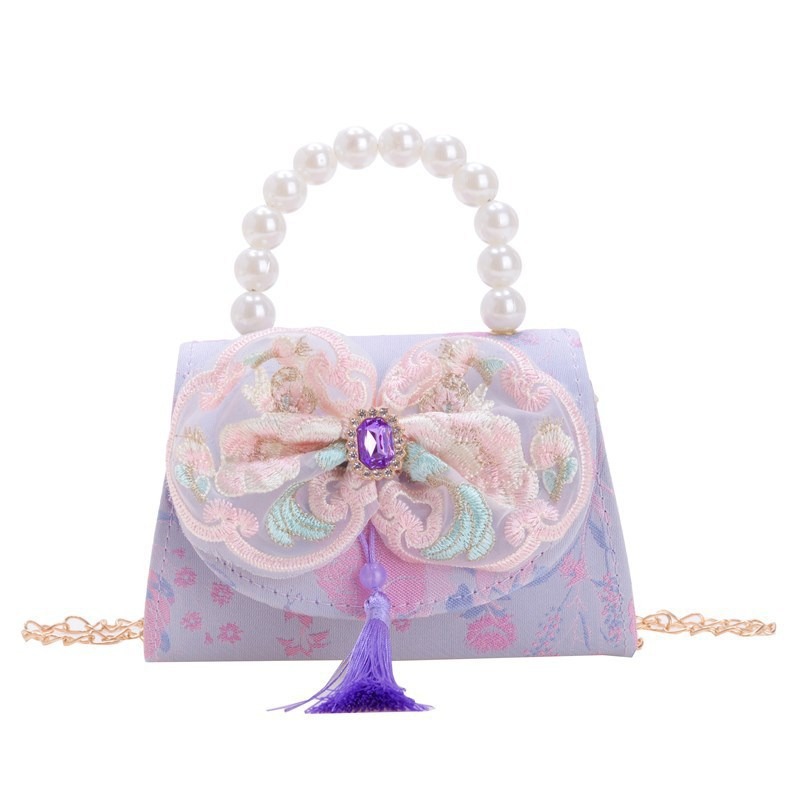 Hermoso bolso de arco de perla para niños nuevo estilo antiguo bolso de borda estilo chino colorido bolso de hombro con diamantes