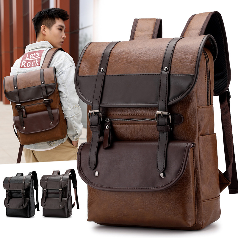 New PU leather for men's leisure, simple and large capacity business computer bag, student backpack_voghion.com