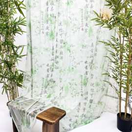 国风绿色墨竹诗词纱幔半透明网纱户外亭台楼阁背景布茶室装饰纱幔