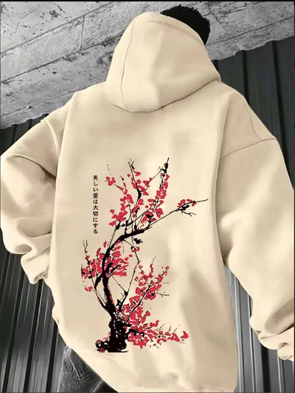 Japanese Harajuku Plum Blossom Men's Sweatshirt, Sporty Casual Fashion, Trendy Y2K Wool, Autumn/Winter Long Sleeve Sweatshirt