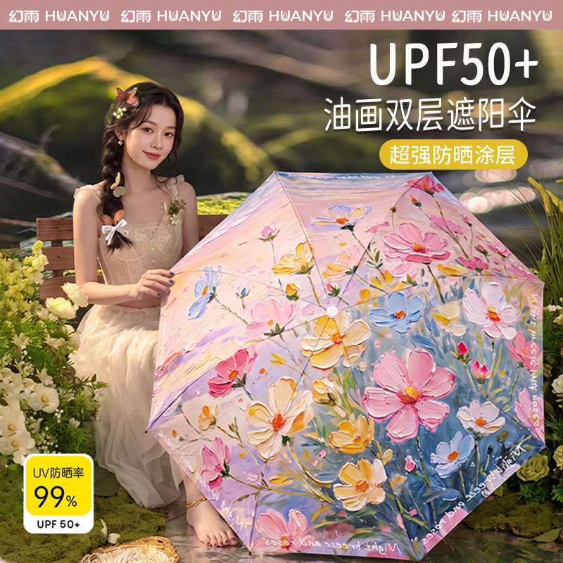 Factory direct sale mini oil painting portable sunshade umbrella, UV protection, color-coated, dual-use for sun and rain, wholesale