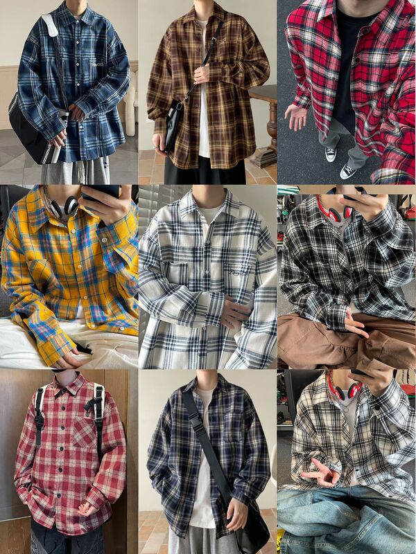 2025 Spring and Autum Large Size Men's Long-Sleeved Plaid Shirt Men's Trendy Brand American Retro Loose Casual Shirt Jacket