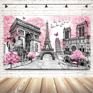 Cross-border new Eiffel Tower background cloth European city landscape pink flowers trees indoor outdoor banner