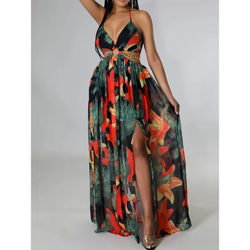 European and American Foreign Trade Women's Floral dress Backless Side Split Floral Slip Skirt French Printed Long dress
