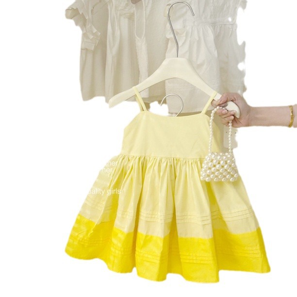 [Xianning Seven] Vestido amarillo limón de moda de verano para niñas, falda de tirantes de estilo occidental para bebés, falda dulce coreana, marea