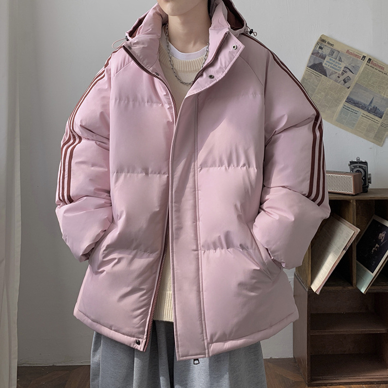 2024冬季新款休闲情侣棉服男韩版加厚宽松连帽外套韩版多巴胺三条