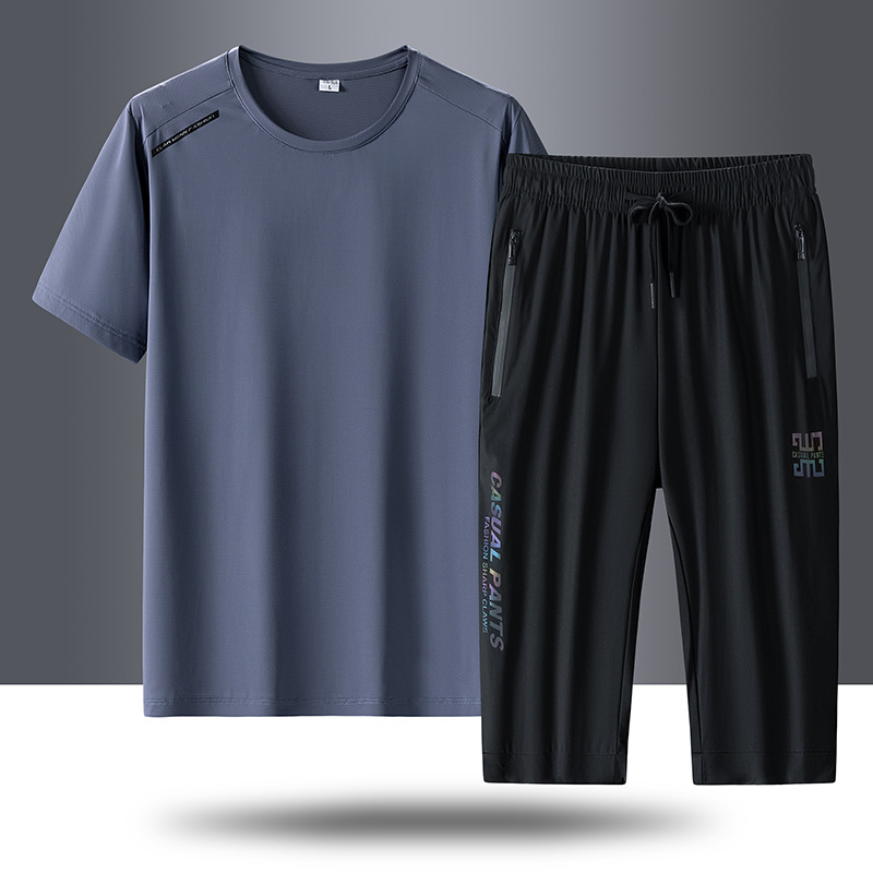 Traje de seda de hielo de deportes de secado rápido para hombres, pantalones cortos de secado rápido de verano para hombres, ropa deportiva de manga corta, pantalones de cinco puntos al por mayor