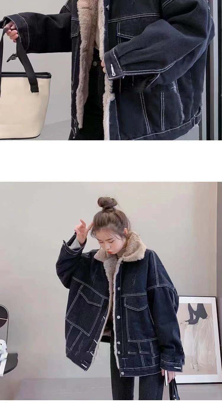 630g Weight Long Sleeve Sleeve Length Single Breasted Placket Type Regular Sleeve Sleeve Type Polyester Fabric Type Ordinary Model (50cm <Length ≤ 65cm) Top Length Coat Tops Type Shirt Collar Neckline Loose Fit Type Solid Color Pattern Women's Gender Temperament Commuter, Urban Style Style Lamb Fur Lined Thickened Denim Jacket Women's Autumn Winter Loose Versatile Short Style Fleece Inner Cotton Coat For Students 4