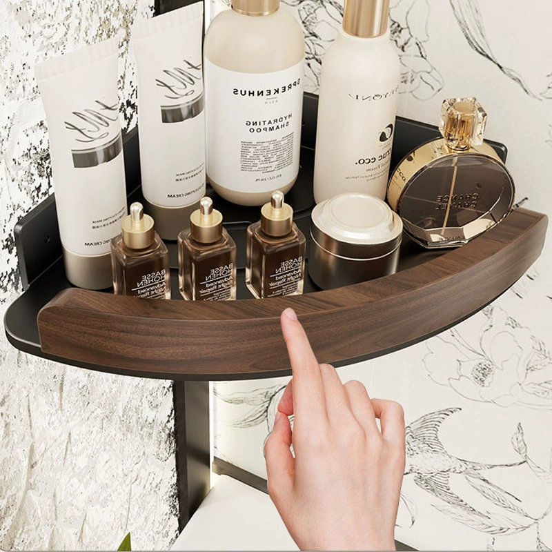 Bathroom triangle basket bathroom storage rack no punching space aluminum walnut log wall hanging storage rack shelf