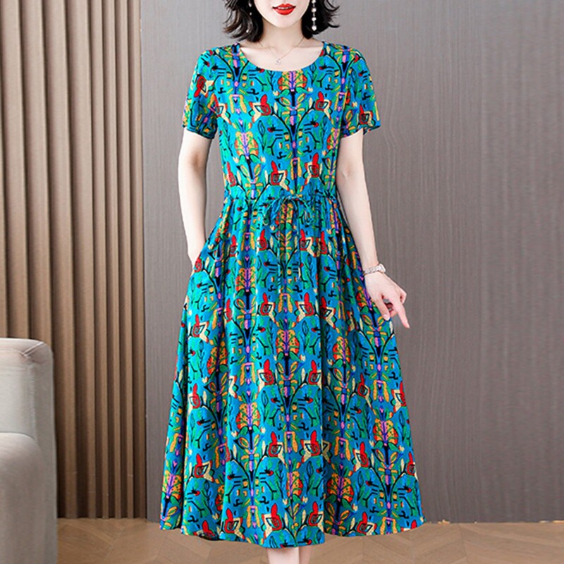 Mother's Summer Cotton Silk Dress 40-year-old 50-year-old Middle-aged Women's Artificial Cotton Long Dress Middle-aged and Old-aged Cotton Silk Floral Dress Mother's Summer Cotton Silk Dress 40-year-old 50-year-old Middle-aged Women's Artificial Cotton Long Dress Middle-aged and Old-aged Cotton Silk Floral Dress