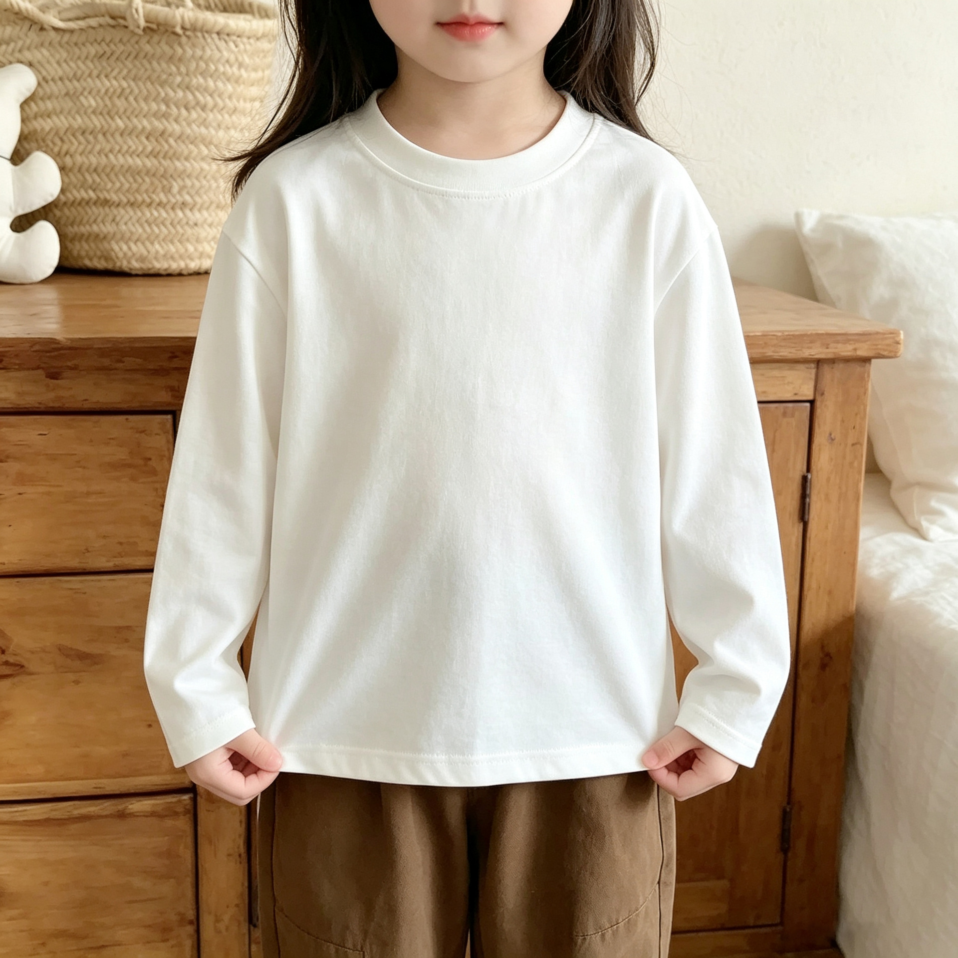 Parent-child matching outfit: pure cotton white long-sleeve T-shirt, 2026 spring/autumn children's solid color round-neck all-cotton base shirt