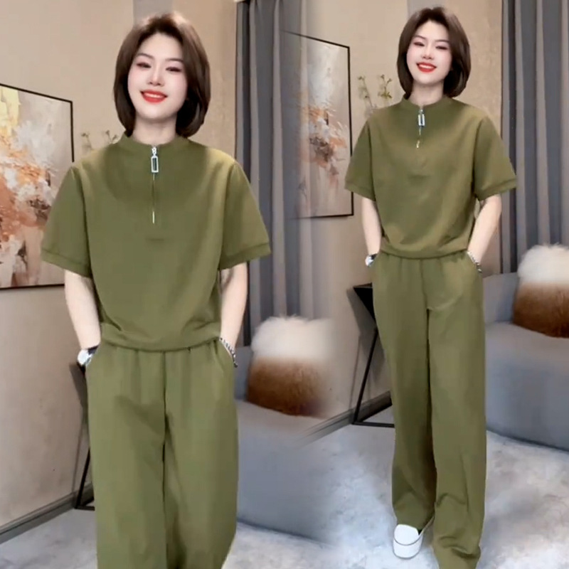 아이스 실크 캐주얼 스포츠웨어 세트 여성 2025 년 여름 새로운 서양식 슬리밍 반팔 탑 와이드 레그 바지 투피스 세트