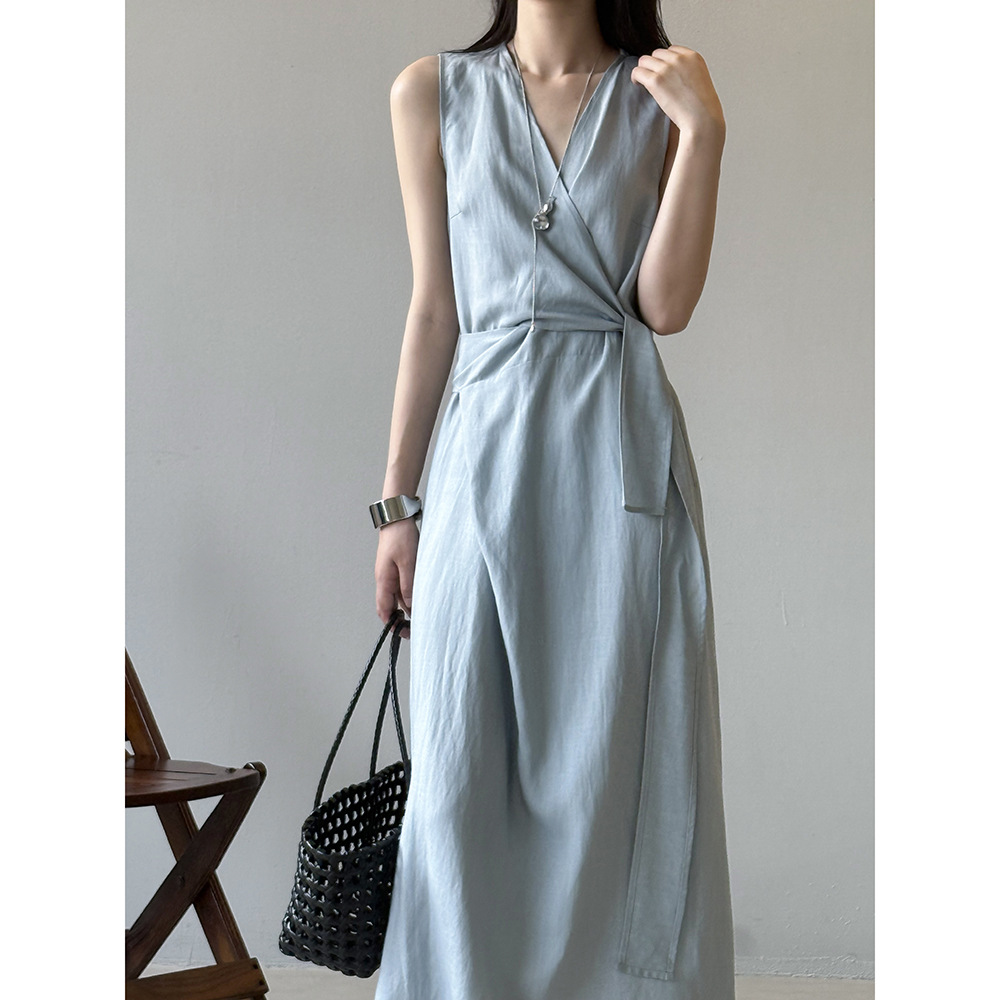 Words Double French Tencel Linen Sleeveless Vest V-Neck dress Summer Korean Fashion Joker Skirt 82313