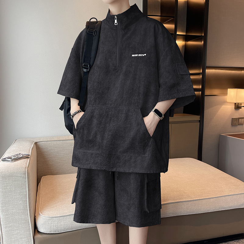 Plus Size American Retro Dirty Short-Sleeved Suit Men's Summer Loose Sports T-Shirt Shorts Trendy Brand Tie-Dye Two-Piece Set