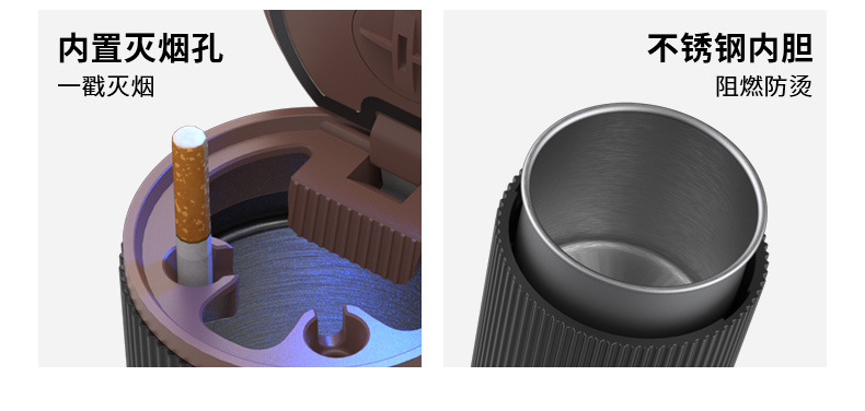 New Car Ashtray with Stainless Steel Liner Inside the Car, Anti-Fly Ash, High-End Led Light with Cover, Car Ashtray