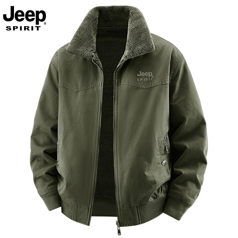 JEEP SPIRIT品牌羊羔绒外套男秋冬季加绒加厚棉衣军绿驼色棕色米|undefined