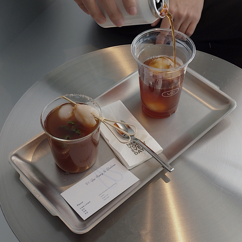 インダストリアルスタイルのカフェ手淹れコーヒートレイ長方形食品グレードのステンレス鋼のティートレイデザート卸売|undefined