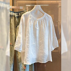 デザイン感半袖シャツ女性夏の新しい丸首天糸ラミー麻シャツ韓国版通勤綿麻上着