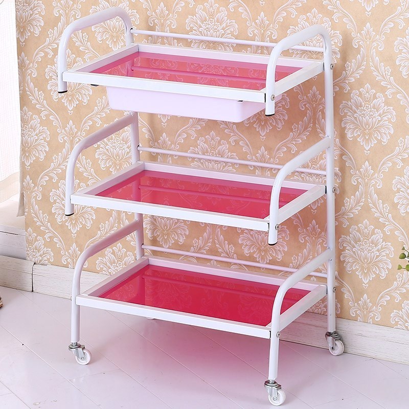 A beauty salon's product racks are moved by small shops to salon floors, using cosmetic mobile carts for beauty parlors and push carts for clubs.