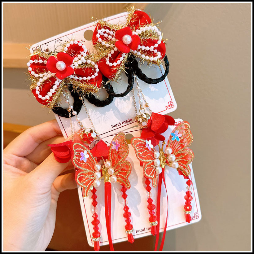 Año Nuevo horquilla accesorios para el cabello de los niños Hanfu estilo antiguo borla arco horquilla niña bebé peluca trenza cabeza Accesorios