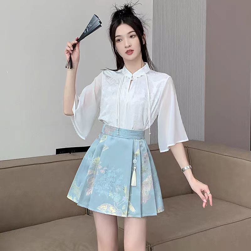 女性用の新しい中国風の古代スタイルの馬面スカート、痩身とお腹カバーの馬面スカート、中国風の春夏の新しいジャカードプリーツスカート|undefined