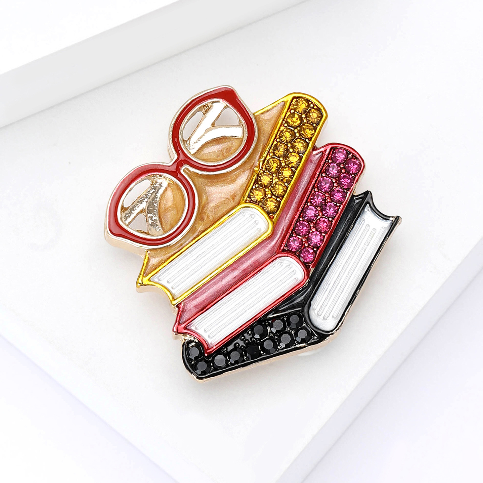 European and American New Enamel Rhinestone Three-Book Glasses-Shaped Brooch Exquisite Men's and Women's Clothing Corsage Jewelry Pin