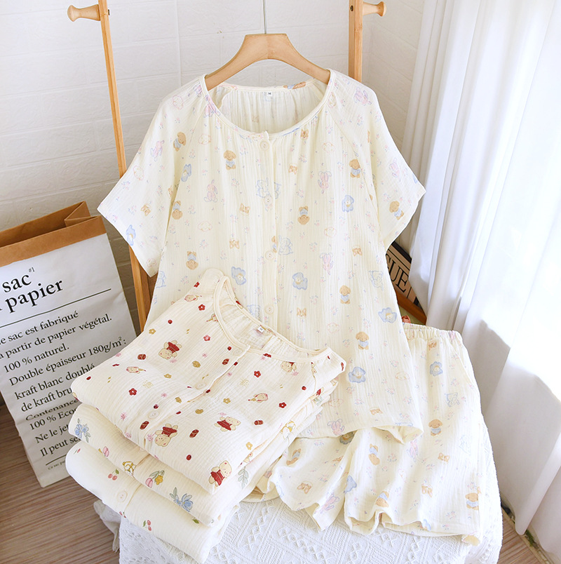 Pure Cotton Type a Double-Layer Cotton Gauze Breast Pad Short-Sleeved Shorts Pajamas Set Summer Thin Cotton Bra-Free Home Clothes