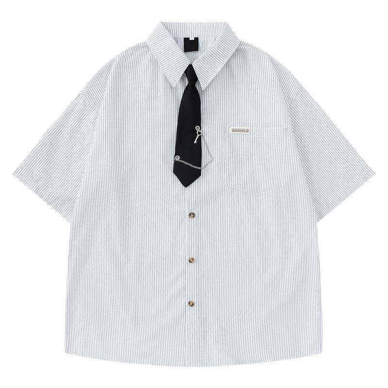 2026 New Japanese-Style Artistic Striped Tie Short-Sleeve Shirt Unisex Trendy Loose Casual Couple's Boyfriend Shirt 2026 New Japanese-Style Artistic Striped Tie Short-Sleeve Shirt Unisex Trendy Loose Casual Couple's Boyfriend Shirt