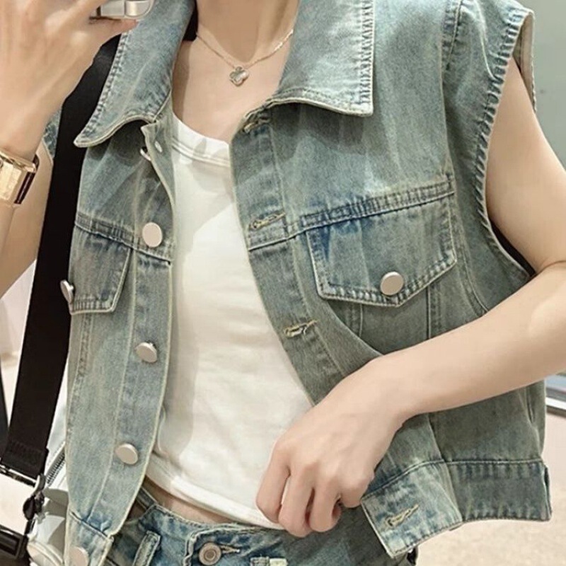 Vintage Tooling Denim Vest Coat Women's Summer Design Niche Loose Sleeveless Short Jacket Top