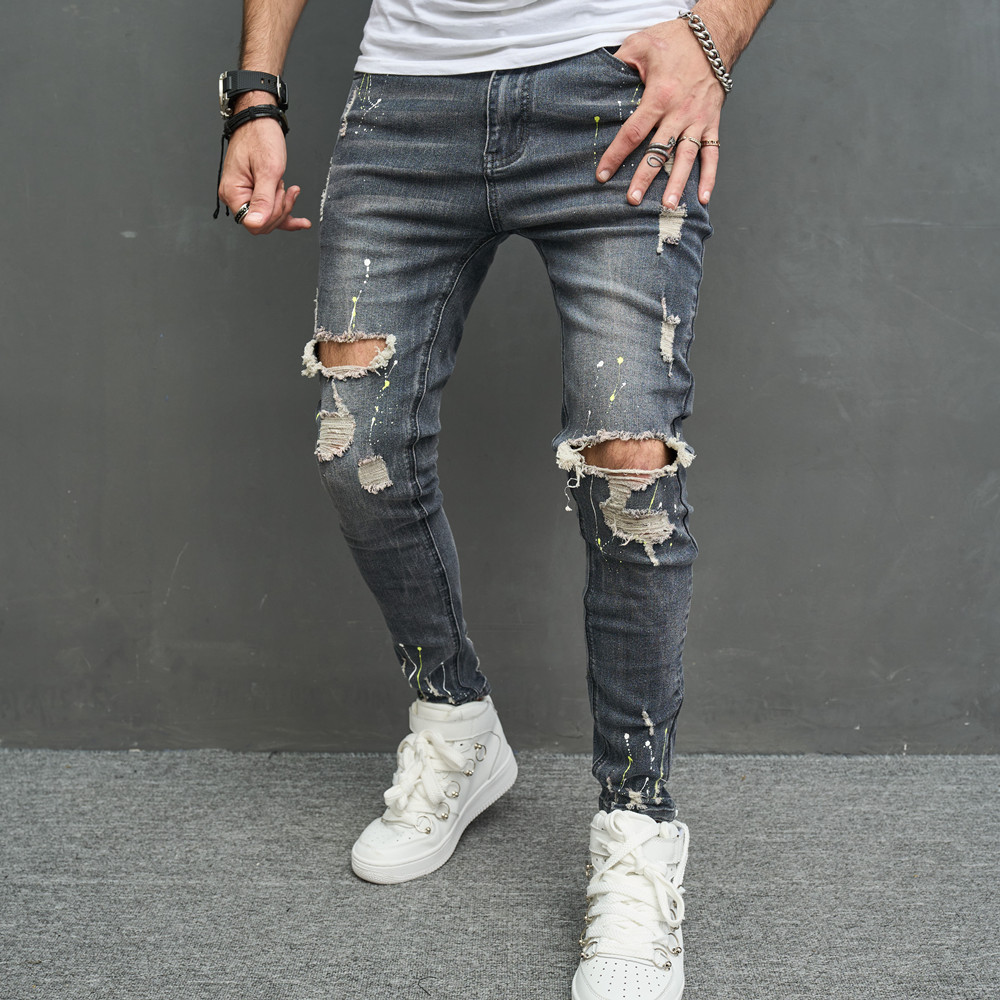 2023 Comercio exterior europeo y americano nuevos hombres jeans rodilla desgastado stretch casual slim fit pantalones moda