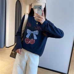 EE93少女感减龄蝴蝶结印花宽松显瘦竹节高支棉长袖T恤女2025秋