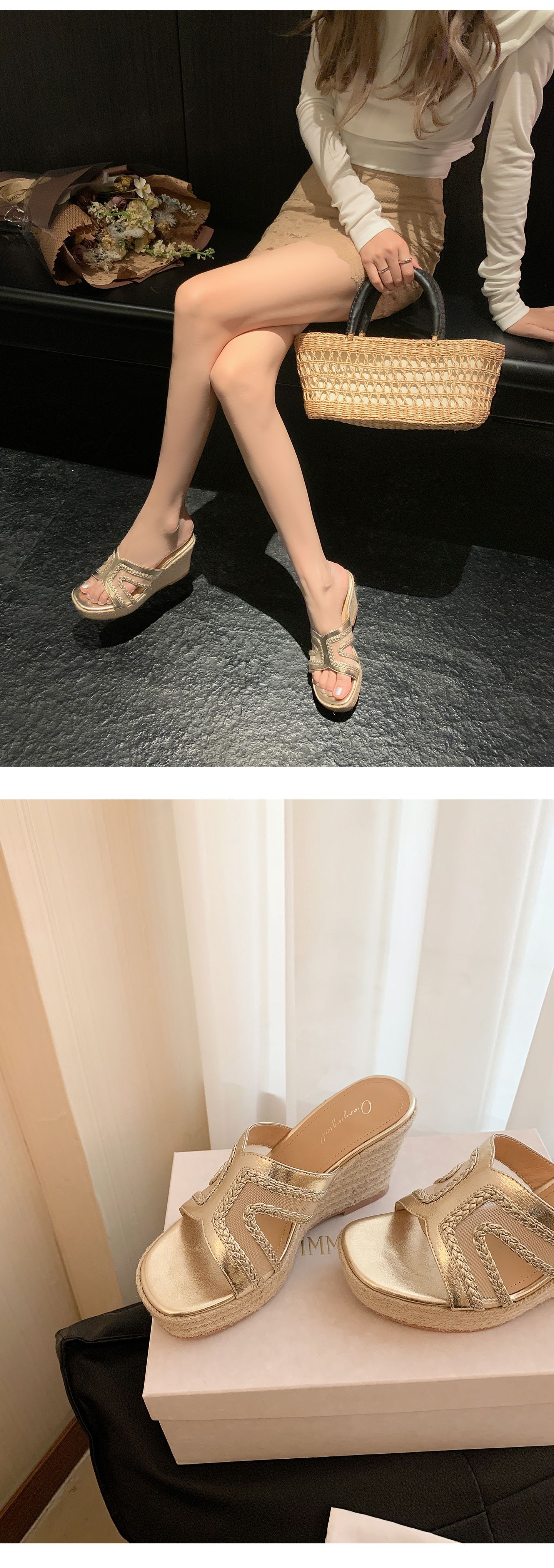 Sandal cao gót nữ hở mũi đế xuồng 9 cm, phong cách boho đan rơm — màu vàng, màu trắng ngà chi tiết 10