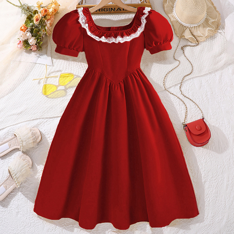 Robe d'été élégante de style français pour filles, col carré, manches bouffantes, style princesse, tailles moyennes à grandes_voghion.com