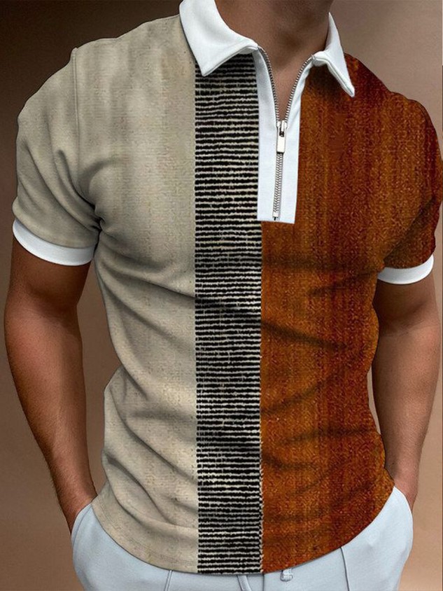 Camiseta Polo Casual de Manga Corta con Cuello Polo, Estilo Europeo y Americano, a Rayas Caqui, en Existencia, Popular en Europa y América