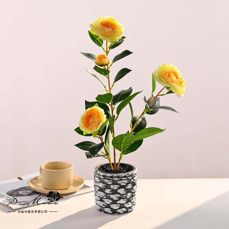 Plantas en maceta de camelia de cuatro cabezas transfronterizas, flores de simulación creativa, decoración de estudio fotográfico para el hogar, plantas verdes artificiales, simulación, macetas, falso image 9