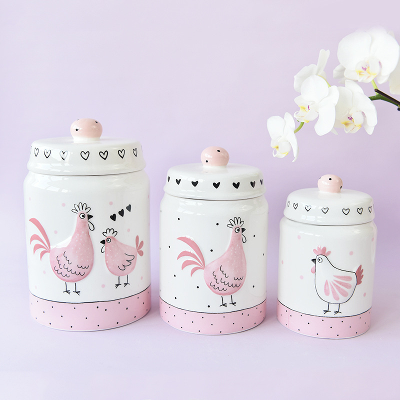 De alta calidad elegante de color rosa chapado en oro en relieve pollo lindo sellado tarro de almacenamiento tarro de galletas de té grande, mediano y pequeño tarro de cerámica