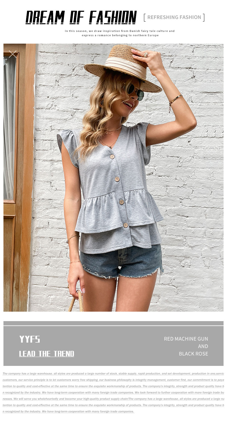 Solid Color Ruffled Gray V-neck Casual Short-sleeved T-shirt_voghion.com