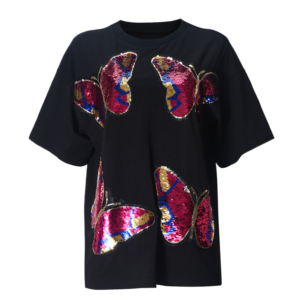 Women Clothing Personality Street Sequin Embroidered Crew Neck Short-Sleeved T shirt Women Top