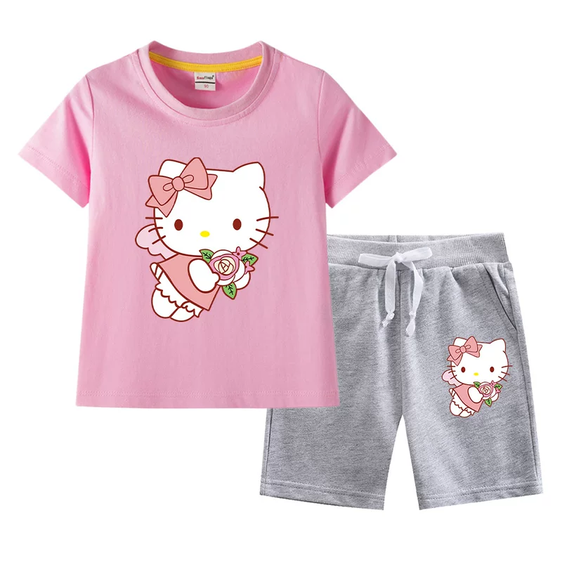 Hello kitty, комплект, летняя одежда, хлопковая футболка с короткими рукавами, корейский стиль