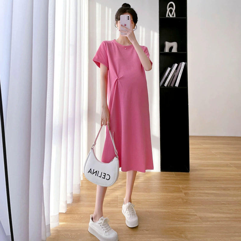Летняя футболка платье для беременных средней длиной 2024 новый топ женский свободный мода летом носить платье вне сезона