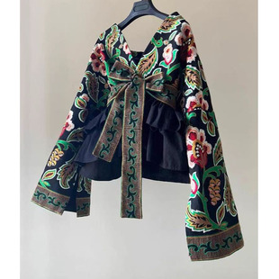 European Retro Fashion Niche Design Ethnic Style Green Printed Cardigan Jacket Women's Spring 2025 New Style